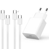 Oplader USB-C 25 W Power Delivery + 2 USB-C-kabels, 1 m, 60 W, nylon, gevlochten, wit, snellader, veilig, netblok, compatibel met iPhone Samsung Android