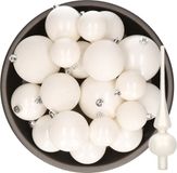 Kaemingk B.V. Kerstversiering boules de Noël en plastique blanc hiver 6-8-10 cm paquet de 27x pièces - Avec étoile en verre mat de 26 cm