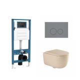 QeramiQ Dely Swirl Toiletset - inbouwreservoir Qeramiq Flush - 35mm zitting - kunststof licht grijze bedieningsplaat - ronde knoppen - beige