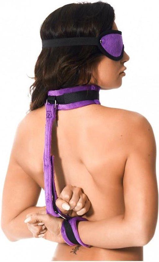 Rimba - Soft Bondage Set Met klittenband Boeien/collar/blinddoek - Zwart/Paars