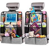 Helteko Autostoel organizer, autostoelbeschermer, met tablethouder met touchscreen, achterbank organizer voor kinderen, reisaccessoires, trapmat met 9 opbergvakken, 2 stuks, grijs