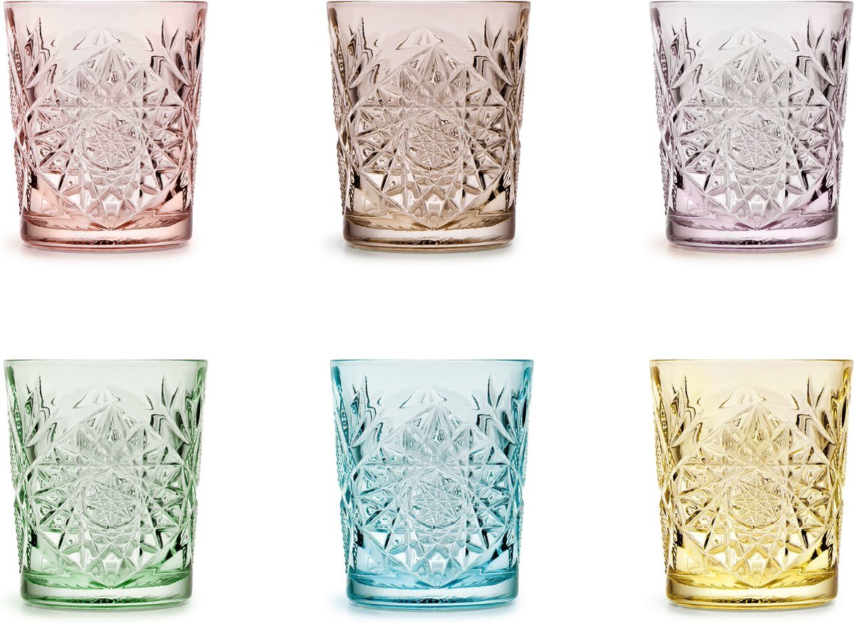 Libbey Hobstar set van 6 glazen in 6 prachtige tinten