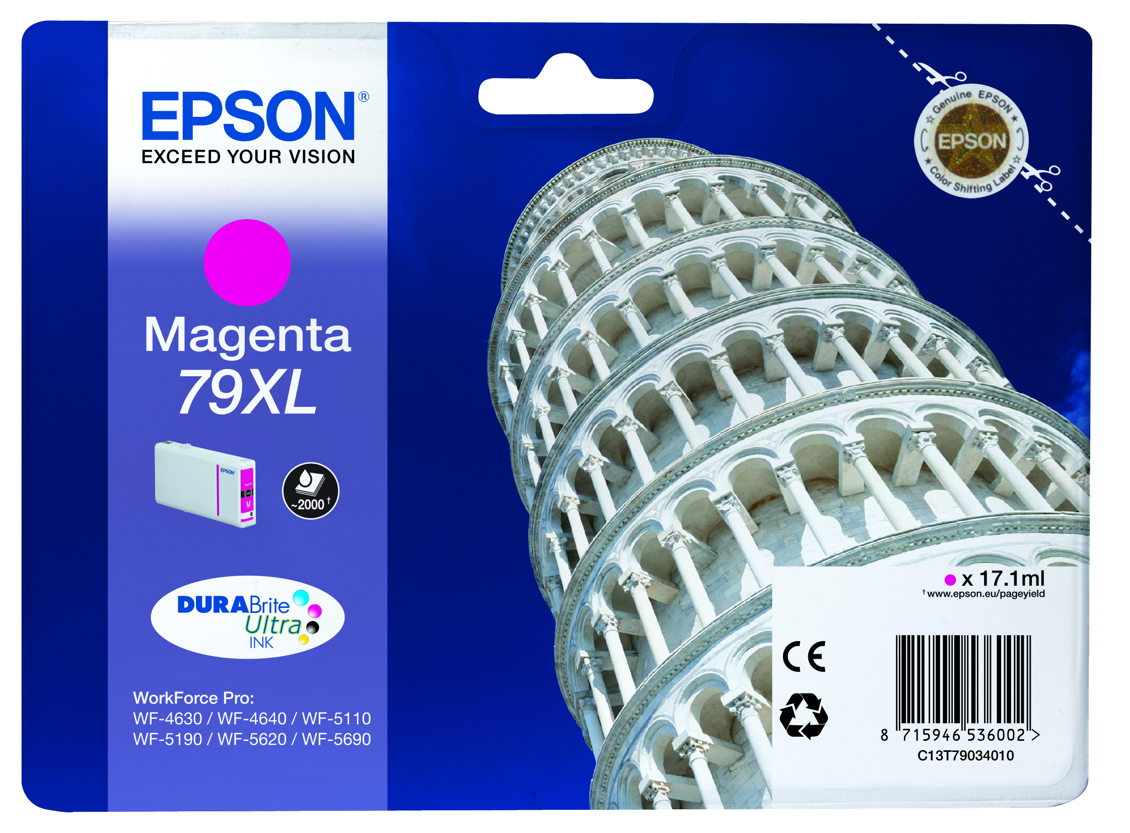 Epson Tower of Pisa Singlepack Magenta 79XL DURABrite Ultra Ink single pack / magenta