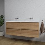 Saniclass Chaci Badkamermeubelset - 140x46x55cm - keramische wastafel wit - 2 wasbakken - zonder kraangaten - 4 lades - mat eiken gemêleerd
