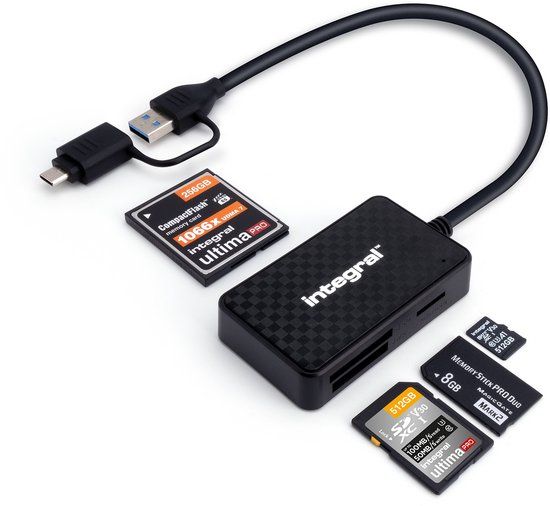 Integral 4-in-1 Multi Card Reader - USB 3.2 Gen 1 | USB-A met USB-C adapter | SD / microSD / CompactFlash / Memory Stick