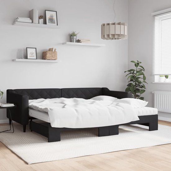 vidaXL Slaapbank met onderschuifbed en matrassen 90x200 cm stof zwart