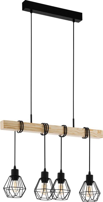 EGLO Townshend 5 Hanglamp - Zwart/Bruin - E27 - 70 cm - Hout - 4-lichts - Met dimfunctie