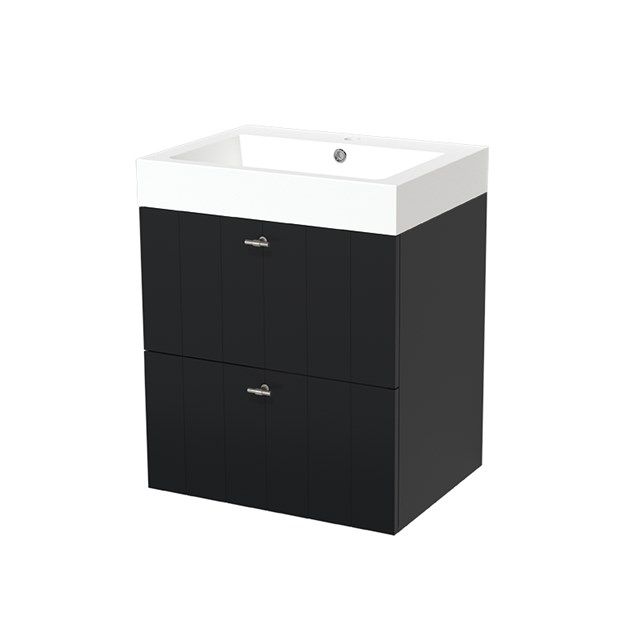 Maxaro Badkamermeubel 60cm Modulo Mat Zwart 2 lades Lamel Wastafel Mineraalmarmer