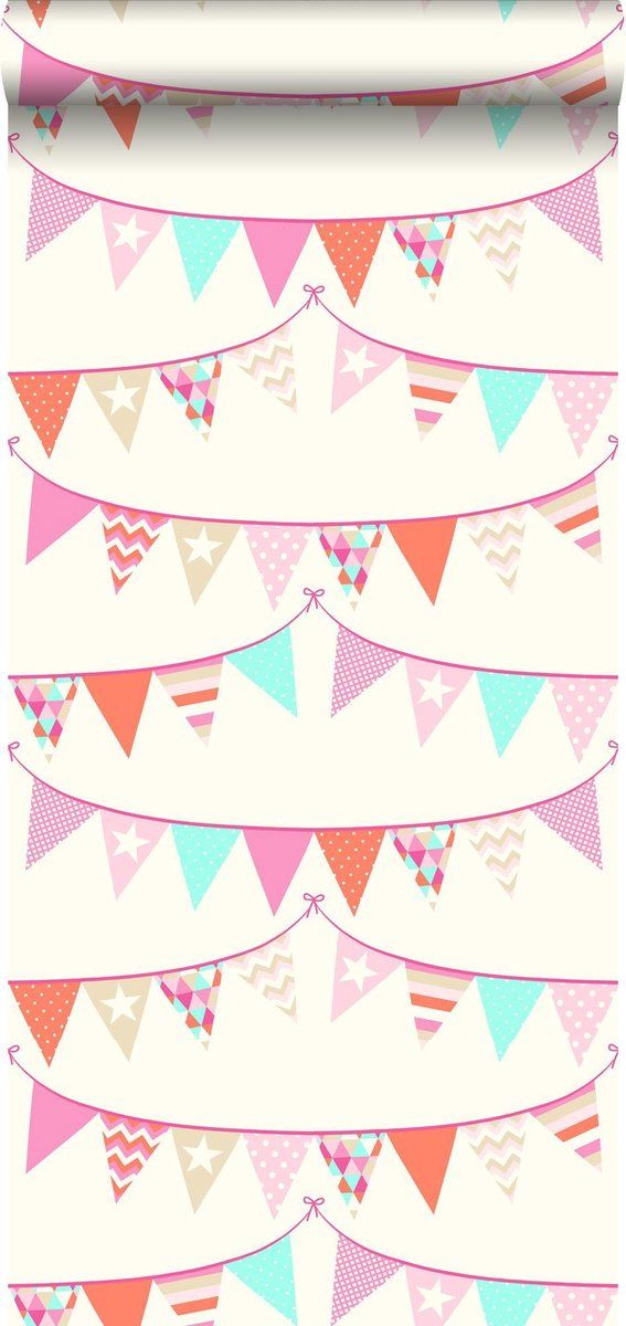 Esta Home behang vlaggetjes roze, turquoise en koraal rood - 138718 - 53 cm x 10,05 m