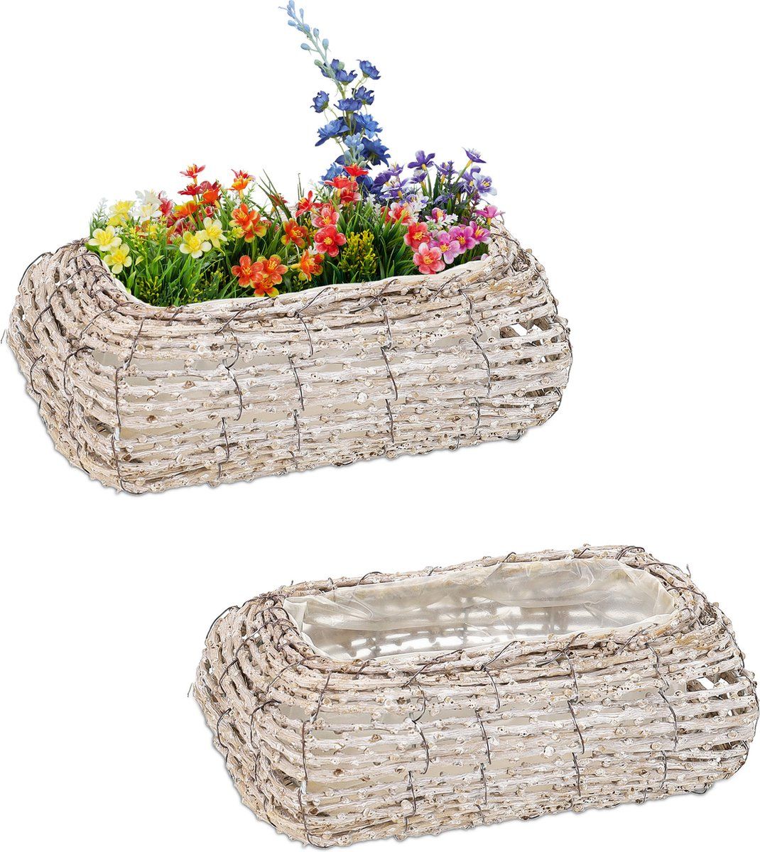 Relaxdays plantenbak - 2 stuks - rotan - balkonbak - met folie - 1,5 L - rechthoekig - wit