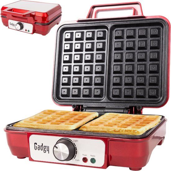 Gadgy Wafelijzer - Wafelmaker voor 4 wafels - Anti-Aanbaklaag - 1000 Watt - Regelbare Thermostaat - Rood