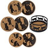 Mango Steam Set van 6 kurken onderzetters met decoratieve kurkenhouder in de vorm van een kat, zwart