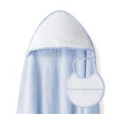 Babybadhanddoek 1 x 1 m · breipatroon glad blauw met baby · 100% katoen