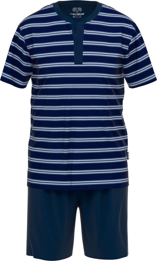 Ceceba Heren Shortama O-hals met Knoopjes - Donkerblauw Gestreept