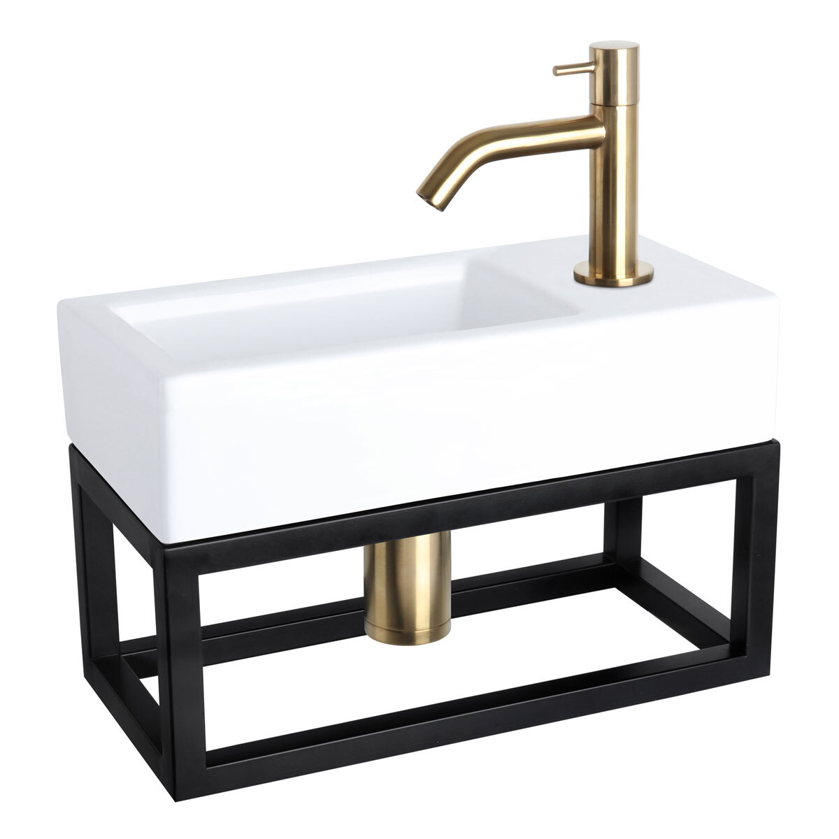 Differnz Fonteinset Rechthoek 38.5x18.5x24.5cm Keramiek Wit Handdoekrek Gebogen Toiletkraan Clickwaste Sifon Geborsteld Goud