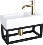 Differnz Fonteinset Rechthoek 38.5x18.5x24.5cm Keramiek Wit Handdoekrek Gebogen Toiletkraan Clickwaste Sifon Geborsteld Goud