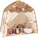 Costway - Tente de jeu pour enfant avec guirlandes lumineuses et drapeaux, cabane pour enfant intérieure avec fenêtres et tissu lavable, style princesse pour 3 enfants de 3-12 ans, 157x98x148cm (beige + café)