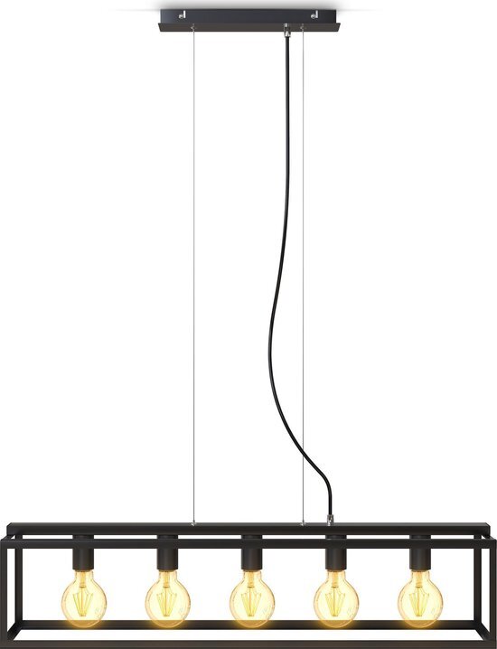 B.K.Licht - Metalen Hanglamp - zwart - voor binnen - industriële - met 5 lichtpunten - eetkamer - pendellamp - E27 fitting - excl. lichtbronnen