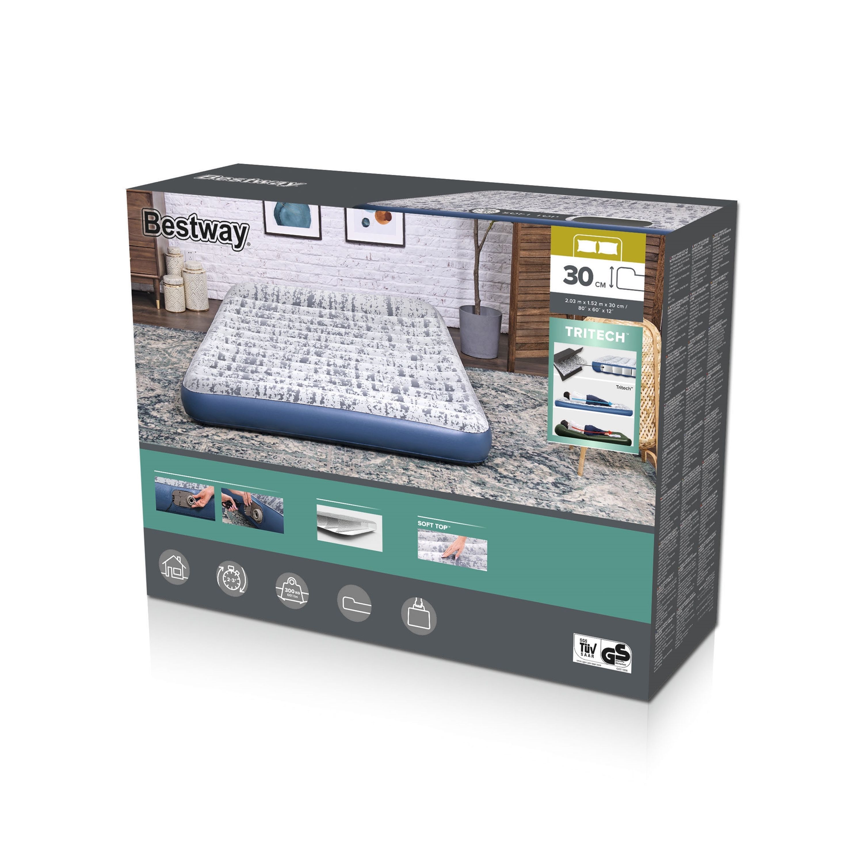 Bestway Tritech Fashion Flock Queen Luchtmatras met Ingebouwde AC Pomp en Antimicrobiële Coating 2,03 mx 1,52 mx 30 cm