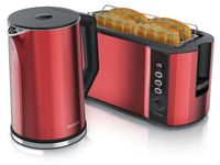 Arendo ontbijtset, 2-delig, keukenapparatuurset met roestvrijstalen waterkoker ELEGANT, 1,5 liter, temperatuurregeling, en broodrooster FRUKOST, 4 sleuven, broodjesaccessoire, metallic rood