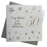 WHITE COTTON CARDS Grote serie Big Twist Golden, to My Husband on Our Golden Anniversary 127 cm handgemaakt 50e verjaardag kaart