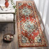 SAFAVIEH Monaco Collection MNC243H Boho-Chic-medaillon in used look, pluisvrij, voor woonkamer, entree, foyer, hal, slaapkamer, 60 x 30 cm, oranje/lichtblauw