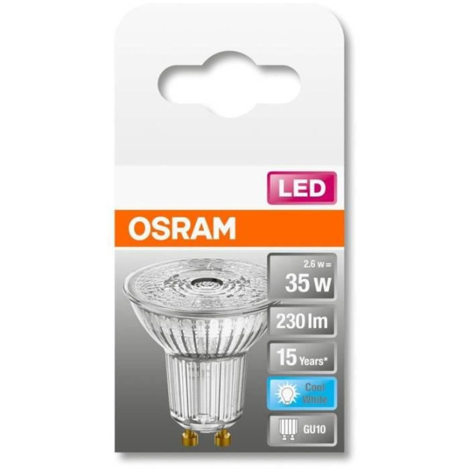 Osram spot par16 led 36 ° glas - 2,6w equivalent 35w gu10 - koel wit