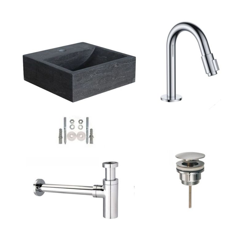 Badkamerplanet Natuursteen Fonteinset Sovana met Elba Fonteinkraan, Afvoer en Sifon Chroom 30x30x10 cm