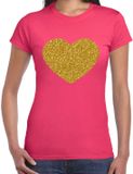 Bellatio Decorations Verkleed T-shirt voor dames - roze - hartje - glitter goud - themafeest / foute party XS
