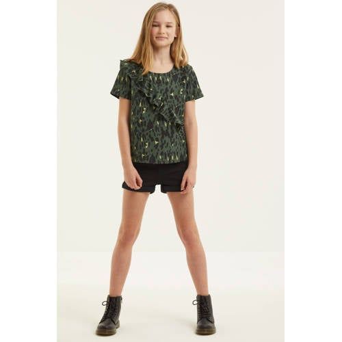 Zigga top met all over print en volant donkergroen/zwart/geel