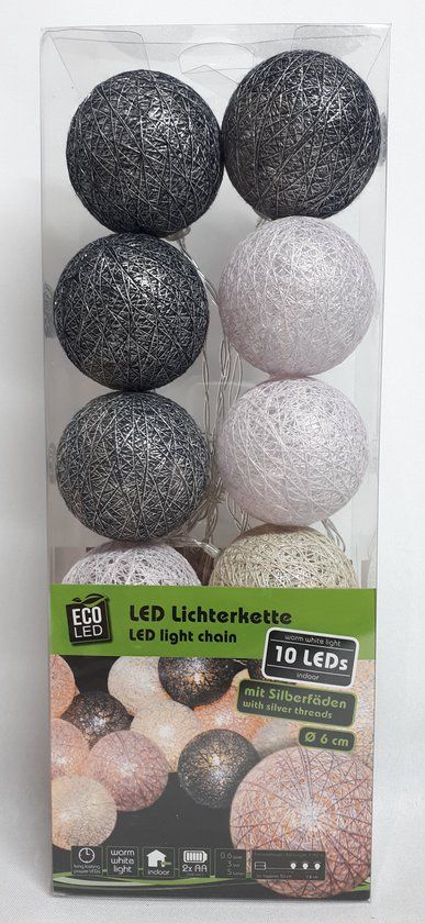 Kerstballen Snoer - Katoen - 10 Kerst Ballen - LED - 3 Kleuren