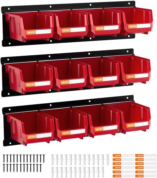 VEVOR Stapelboxen voor Aan De Muur, 137x105x75mm Opbergboxen (12 Stuks) & 3 Metalen Rails, Zichtbare Opbergboxen voor Schroeven, Moeren, Bouten En Spijkers, Gereedschapsorganizer voor Werkplaats, Hobbykamer, Garage, Rood