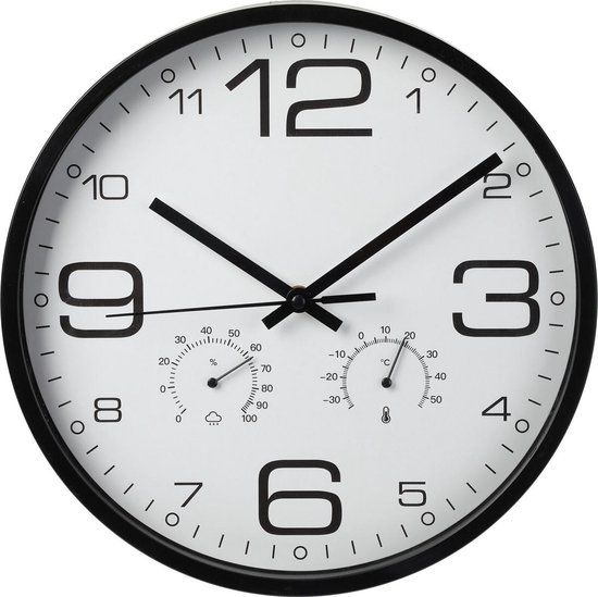 Wandklok met weerstation - zwart - 30 cm - Kunststof