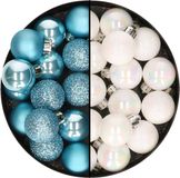 Decoris petites boules de Noël - 28x pièces - blanc nacré et bleu glacier - 3 cm - plastique