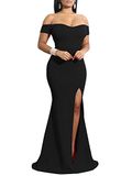 YMDUCH Dames off-shoulder avondjurk met hoge split, lange formele feestjurk, Zwart, XXL