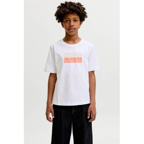 JACK&JONES JCOFUSION DOTS PRINT TEE SS CN SN JNR Jongens T-shirt Ronde hals Korte mouw Katoen Bright White Maat 152