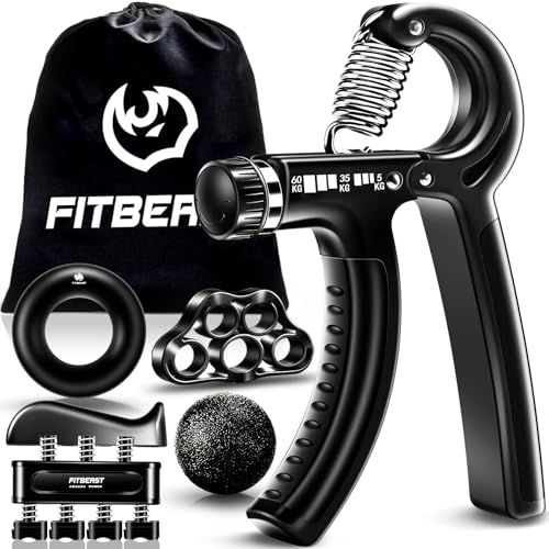 FitBeast Handtrainer voor krachtverhoging, trainingsset met onderarmgreep, set van 5, verstelbare handtrainer, vingertrainer, vingerstretcher, trainingsring en stress-afbouw-handgreep voor sporters (Zwart)
