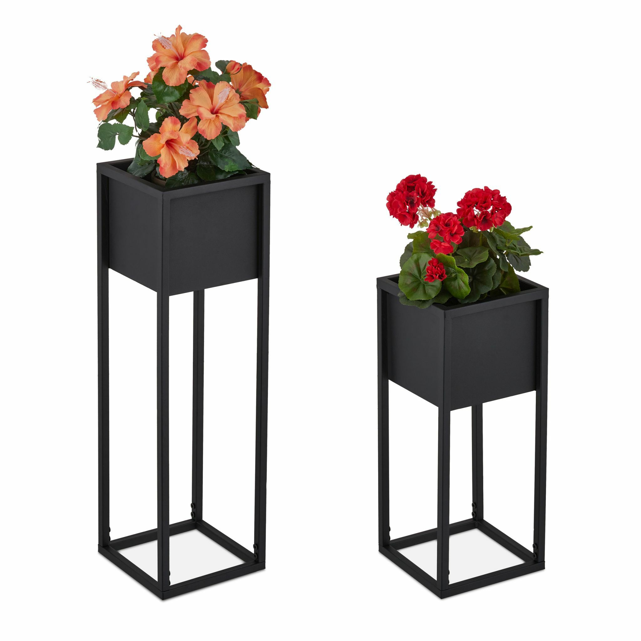 Relaxdays plantenbak staand - set van 2 - bloembak op voet - plantenstandaard zwart metaal
