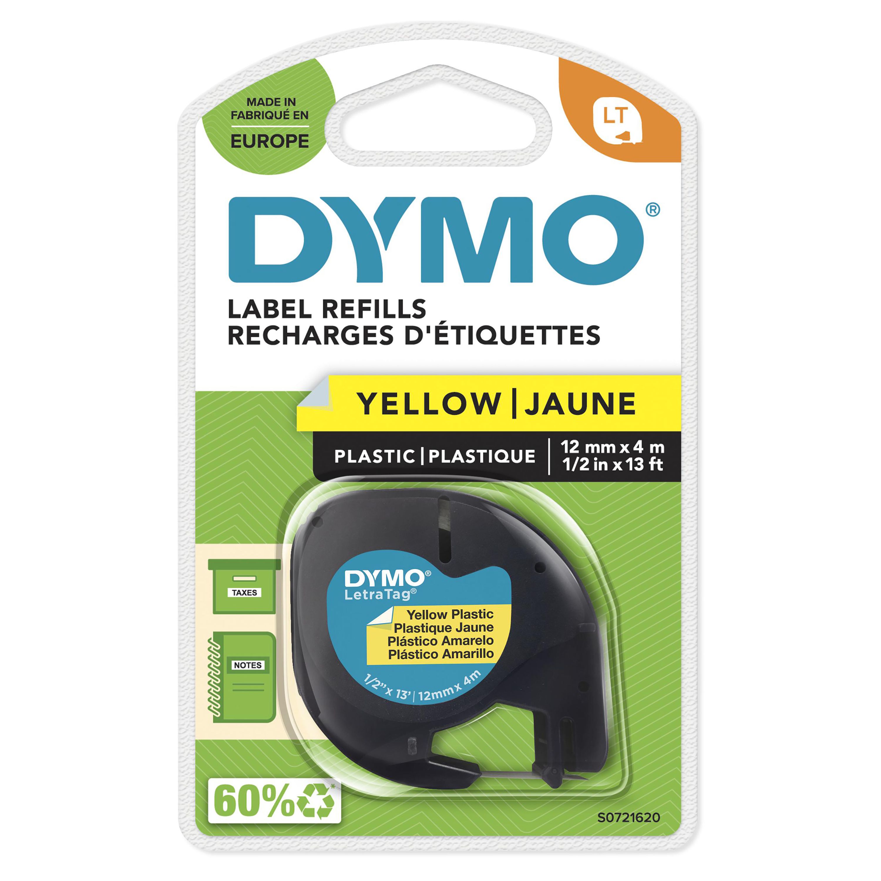 DYMO LetraTag plastic labels | Origineel | 12 mm x 4 m op rol | Zwarte afdruk op geel