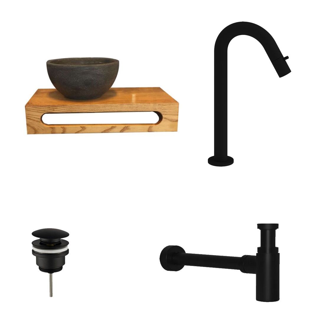 Natuurstenen Waskom Rond 40cm met Massief Houten Planchet, Kraan, Afvoer en Sifon - Mat Zwart