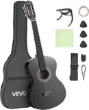 VEVOR Concertgitaar, 960mm, Houten Klassieke Gitaar Starterset voor Beginners, met Nylon Snaren, Gigbag, Riem, Tuner, Extra Snaren, Plectrums, Capo, Lindehout, voor Beginners, Zwart