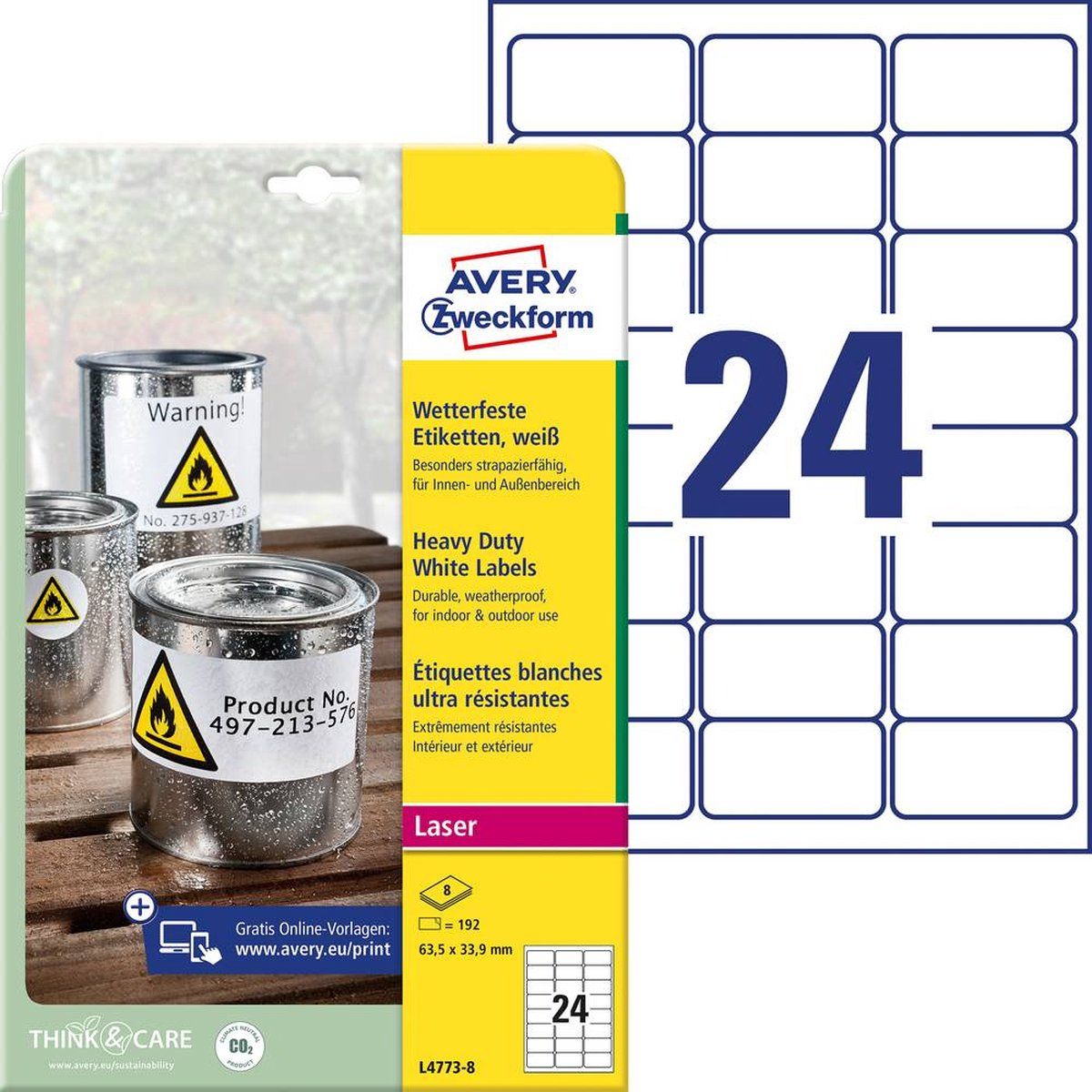 Avery L4773-8 - Etiketten - 63.5 x 33.9 mm - Polyester Folie Wit - 192 Stuks