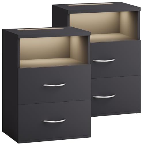 Casaria Nachtkastje Set van 2 - LED 2 Lades 40x28x55cm - Antraciet