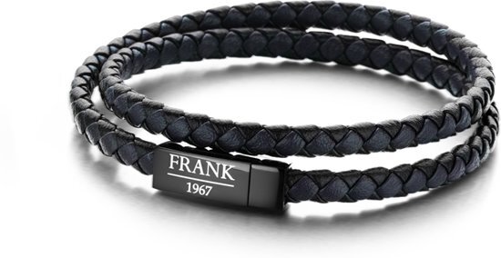 Frank 1967 7FB 0154 Heren Wikkelarmband met Staal Element - Gevlochten Leer en Dubbel Gewikkeld - Maat M - Donkerblauw / Zwart