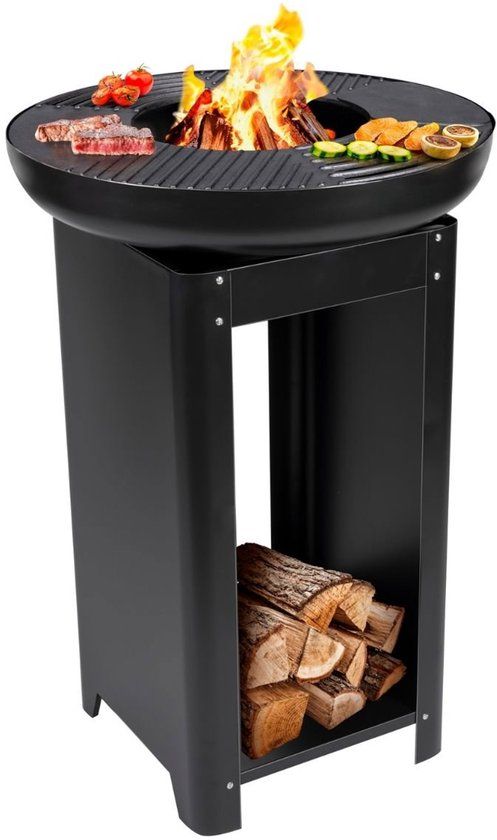 alpina 3-in-1 Vuurkorf en Grillplaat - Tuinhaard 61 x 90 cm - met Teppanyaki Bakplaat - Plancha BBQ met Brandhout Opslagplaats - Vuurkorf voor Buiten - Metaal