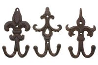 Comfify Set van 3 - Gietijzeren Fleur De Lis dubbele wandhaken/hangers - decoratieve wandmontage kapstok - rustiek gietijzer - met schroeven en ankers - bruin