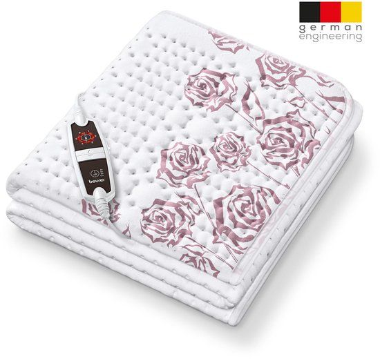 Beurer UB 75 Elektrische Warmtedeken - 1-persoons Onderdeken - 150 × 80 cm - 6 Warmtestanden - Katoen & Fleece - Wit - rozenmotief