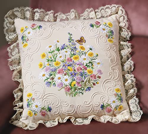 Janlynn Kaars Wicking borduurkit, wilde bloemen en vlinder kussen, 14\" x 14\"