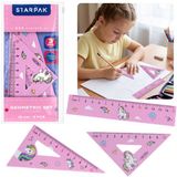 sarcia.eu Euro-Trade Eenhoorn GEOMETRIESET, schoolbenodigdheden voor meisjes - liniaal, 2x geodriehoek, Lichtroze
