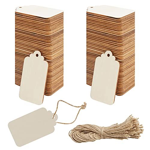 BELLE VOUS Onbewerkt Houten Blanke DIY Hobby Tags (100 Pak) – 3,7 x 6,8 cm – Rechthoekig Natuurlijk & Rustiek Houten Labels met Koord Voor Huwelijk Geschenken & Kerst Hang Decoraties